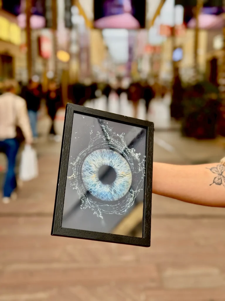 photo of iris printed on photo paper in a wooden frame